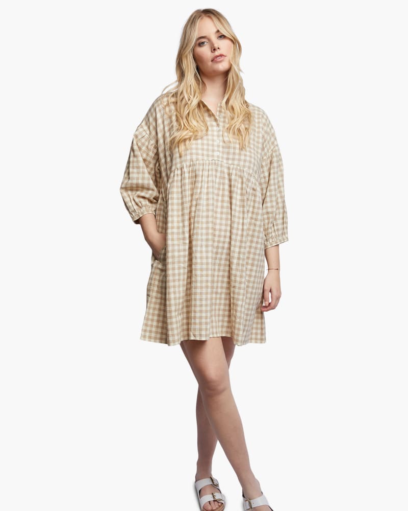 Front of a model wearing a size 1X Nico Swing Dress in Tan Gingham by ABLE. | dia_product_style_image_id:271546